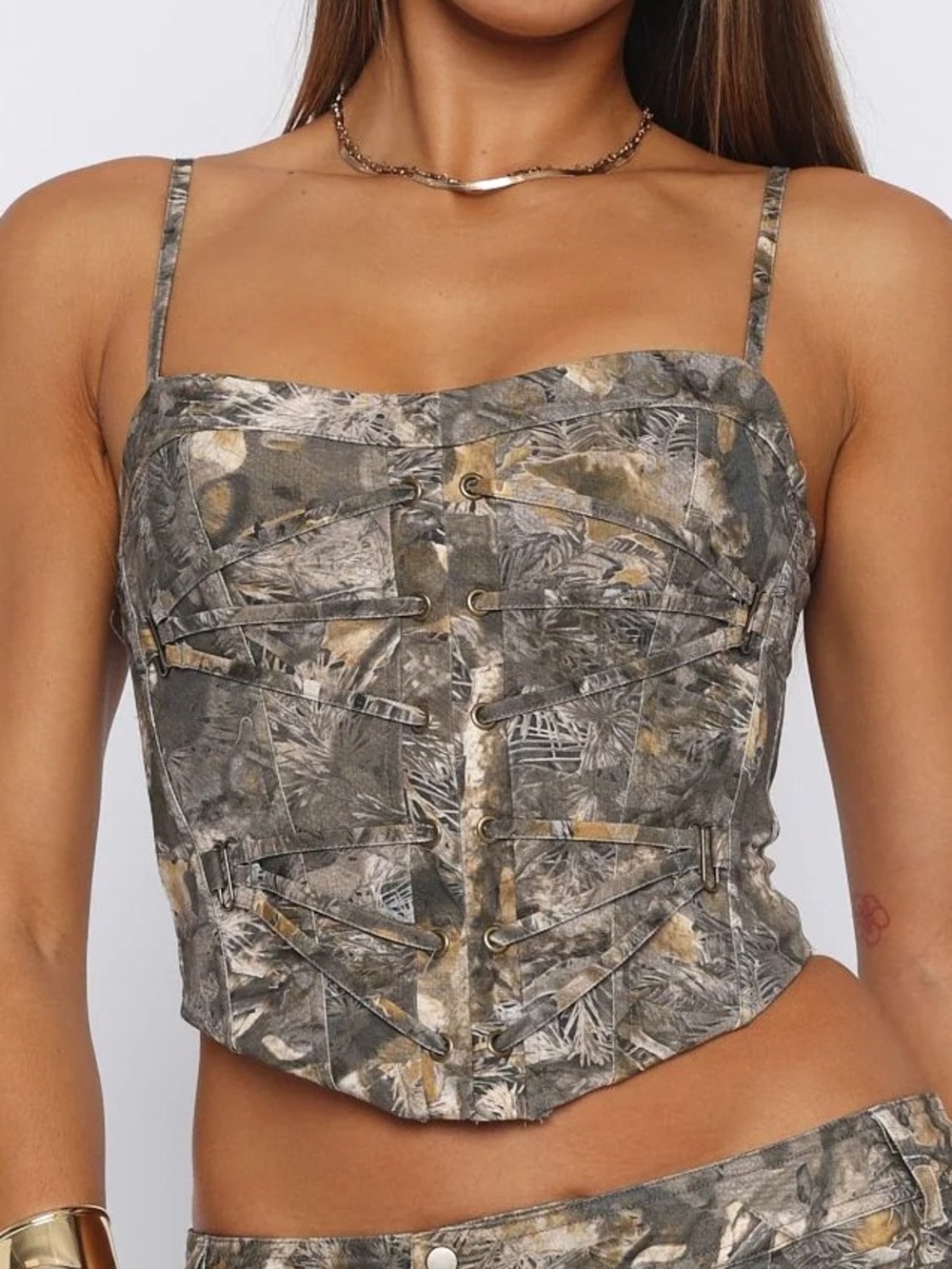 White Fox Boutique Lace-Up Corset Camisole in Brown and Gray Camo